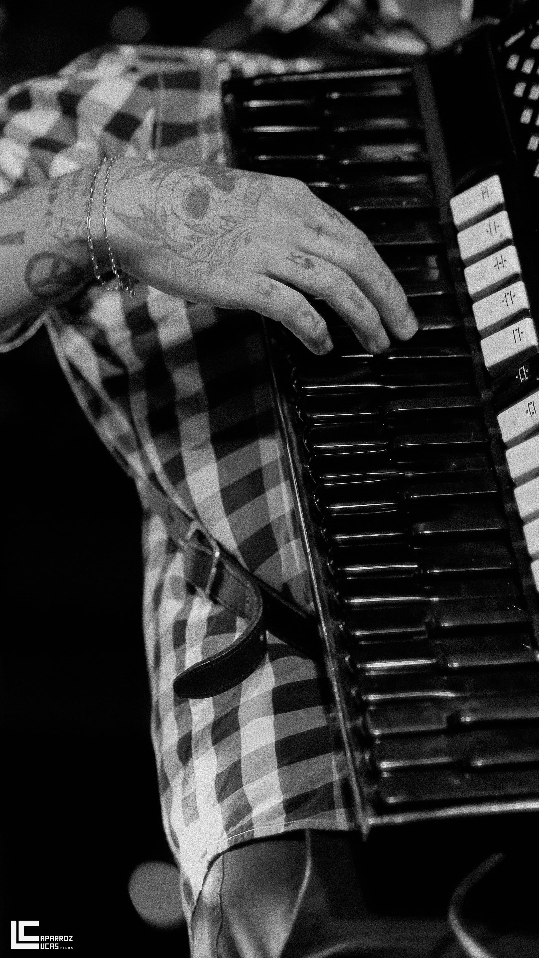 Close-up das mãos tocando sanfona no palco, em preto e branco